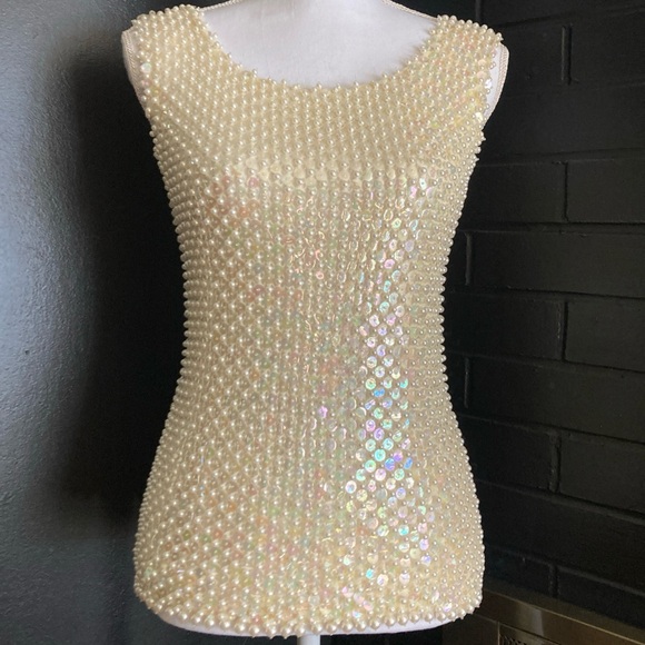 Unbranded Tops - Vintage Pearl & Sequin Hand Beaded Wool Shell Tank Hong Kong WPL 3526 50’s/60's